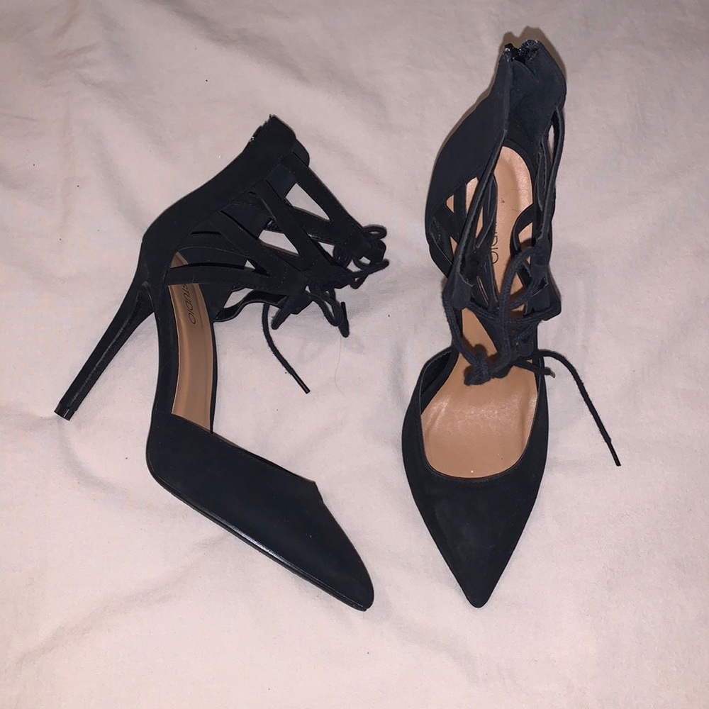 Black suede 5 inch pointy toe lace up heel with zipper in the back
